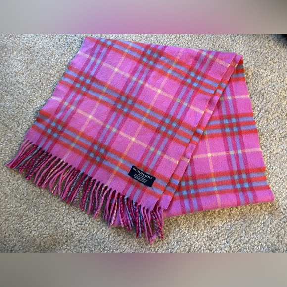 RARE COLOR BURBERRY CHECK PINK AND ORANGE CASHMERE SCARF - Picture 1 of 4